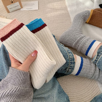 Nouvelles chaussettes en laine épaisses automne/hiver pour femmes, style japonais, tricot épais, blocs de couleur, mi-mollet, amples, absorbantes, vente en gros
