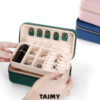 Boîte à bijoux en velours à double couche avec fermeture éclair, logo personnalisé, grand format, plateau intérieur amovible, grande capacité, boîte de rangement portable pour bijoux