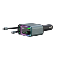 Câble rétractable PD 65W Max pour voiture, lecteur MP3 Bluetooth : émetteur FM, appels mains libres, lecteur USB, charge rapide