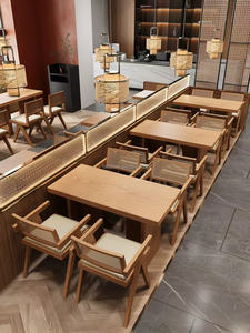 Ensemble de salle à manger en bois et rotin de style Japandi, banquette de café minimaliste avec chaises en rotin tressé, mobilier de café en bois massif de style mid-century - Product Image 4
