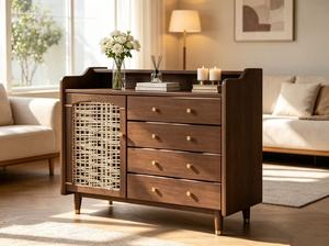 Midcentury Modern Solid Wood Living Room Cabinet with 4 <b>Drawers</b> and Woven Door <b>Storage</b> Furniture <b>for</b> Home Use - Product Image 3