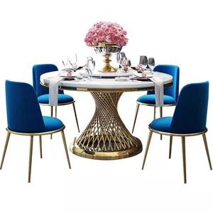 Mesa de comedor con patas metálicas y tapa de mármol circular lista para enviar con Banco para 8 personas - Product Image 6