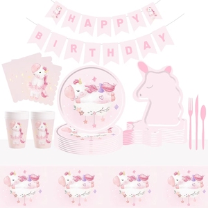 DAMAI Unicorn Birthday Party Supplies Pink <b>Disposable</b> Tableware Set <b>Plates</b> Cups Napkins Cutlery for Girls - Product Image 1