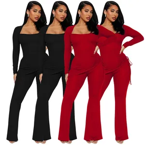 african high quality casual outfit women 2 piece korean knit square collar long sleeve top and sweat pants set women s garment