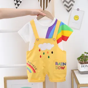 Boys clothing supplier boys summer rainbow design shirt + strap denim shorts casual 2 piece suit hot sale