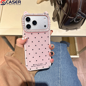 Dessin animé paillettes à pois 2 In1 <span class=keywords><strong>coque</strong></span> <span class=keywords><strong>de</strong></span> <span class=keywords><strong>téléphone</strong></span> pour Iphone11promax 12 13 mignon diamants KT <span class=keywords><strong>chat</strong></span> caméra cadre étuis pour 17promax - Product Image 5