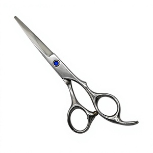 Tijeras de Peluquería Profesionales de Acero Inoxidable Plateadas con Mango Desplazado y Pivote Azul para Estilismo - Product Image 1