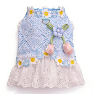 Weiwang Summer Dog Dress Blue <b>Mesh</b> Lace <b>Skirt</b> With Flowers For Small Dogs Bichon Frise Pomeranian - Product Image 5