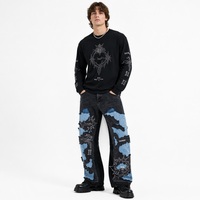DIZNEW Jean Patchwork Noir Bleu avec déchirures effet nuage, bords bruts, broderie motif Circuit Star Thorn Script, étiquette DIZNEW CO, ourlet brut, style Gothique Personnalisé