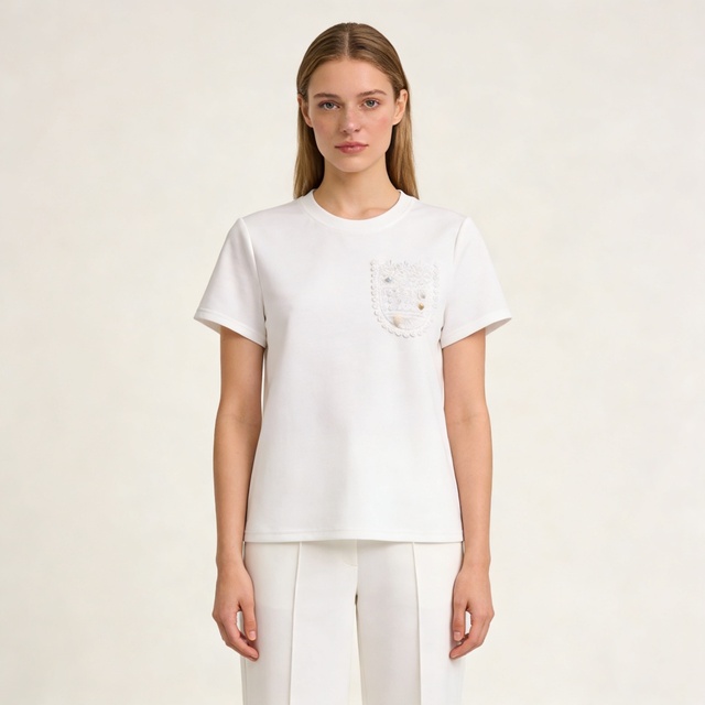 Women's White Embroidered Pocket T-Shirt Pearl Beaded Detail Short Sleeve Casual Summer Tee