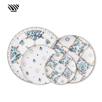 Service de table en porcelaine fine à motif rétro bleu-vert : Assiettes en porcelaine de qualité supérieure et ensemble de vaisselle en céramique élégant avec bordure dorée