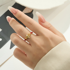 Flower Design Red Rope <b>Open</b> <b>Ring</b> Gold Plated Copper Alloy Adjustable Unisex Jewelry Gift - Product Image 2