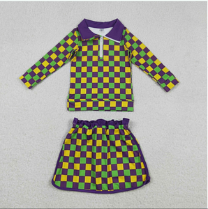 Completo da Ragazza GLD1362 Viola Verde Giallo a Quadri con Top con Zip e Shorts Gonne per Mardi Gras e Yoga - Product Image 1
