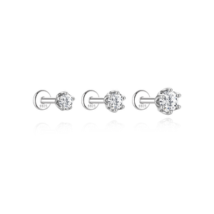 Pendientes clásicos de plata S925 con seis puntas y moissanita redonda de color D, con parte trasera plana, para perforaciones, varios tamaños: 2.5mm, 3mm, 4mm, para cartílago. - Product Image 1
