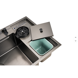 Évier <span class=keywords><strong>de</strong></span> <span class=keywords><strong>cuisine</strong></span> fait à la main Nouvelles tendances Finition gaufrée Nano <span class=keywords><strong>Noir</strong></span> 304 Acier inoxydable 4 trous Poubelle multifonctionnelle anti-rayures - Product Image 6