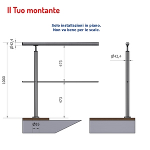 P110105-1 rond vertical en acier inoxydable 42.4mm 1 trou de 12.5mm AISI 304 finition satinée 1m hauteur du sol 1 fixation en acier inoxydable - Product Image 1