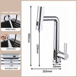 厨房水龙头 3 模式 LED 拉出式喷雾器 单手柄冷热水混合水龙头 带 LED 温度显示 镀铬表面 - Product Image 2