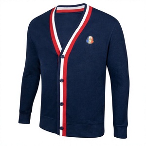 เสื้อคาร์ดิแกนถักสำหรับผู้ชาย สีกรมท่า แต่งขอบแดงขาว พร้อมโลโก้ด้านหน้า เหมาะสำหรับใส่ในฤดูใบไม้ร่วง ฤดูหนาว ใช้กลางแจ้งได้ ผลิตจากผ้าฝ้าย 100% มาตรฐาน  สั่งซื้อขั้นต่ำน้อย - Product Image 4