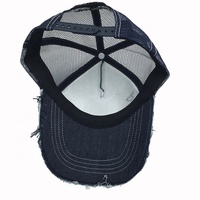 Diseño personalizado borde deshilachado Hot Fix Iron Tablets bordado 5-Panel Denim poliéster malla gorra de camionero