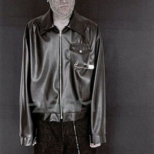 定制皮革黑色拉链皮革摩托车夹克战斗机飞行员皮夹克男 - Product Image 2