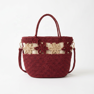 Bolso Tote de Mujer de Cuerda de Algodón Tejida a Crochet, Color Granate, con Diseño de Flores Bordadas, Estilo Bohemio, para Uso Diario, Todas las Temporadas - Product Image 1