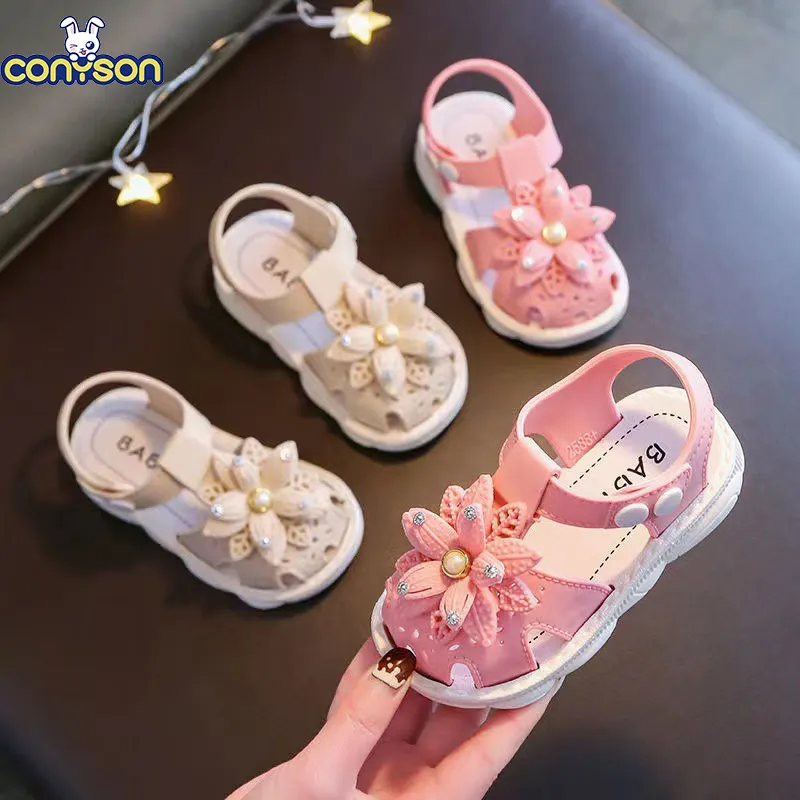 Conyson Sandálias das Meninas 2023 Crianças Verão Com Sola Macia New Little Girl Big Flower Princess Shoes Infantis Toddler Girl Kids Shoes