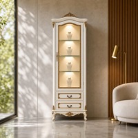 Vitrine à bijoux vintage française, haute, en bois massif, avec porte en verre, éclairage LED intégré, pour la vente au détail et en gros