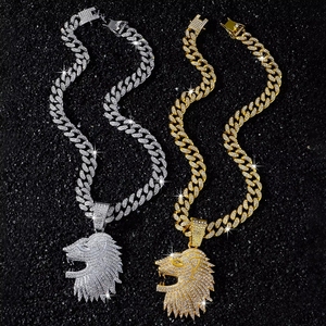 Herren Hip-Hop vergoldeter Strass-Diamant-Bling-Tier-Löwenkopf-Anhänger mit Prong-Kubanischer Halskette - Product Image 2