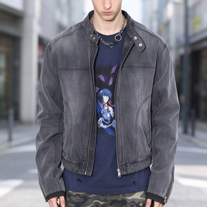 Custom Wholesale Men <b>Vintage</b> Washed Denim Jacket <b>Stand</b> Collar Zip Up Casual Streetwear Distressed Cotton Jacket <b>Coat</b> TKAN1033 - Product Image 1