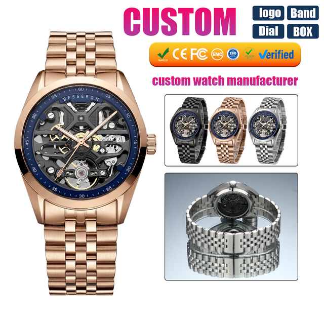 Stainless Steel Rose Gold Color Case Mechanical Watch Imported Automatic Movement Gent Skeleton Watches Custom Logo Watch