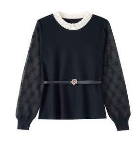 Atasan Rajut Wanita Kerah Renda Putih Kontras, Sweater Lengan Panjang Berbahan Mesh Motif Bunga Dengan Sabuk Berhias Berlian Imitasi Kamelia, Blus Rajut Elegan Untuk Wanita - Product Image 3