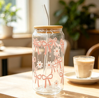 Gobelet en verre borosilicate fait main Wuso avec couvercle en bambou et paille, motif dessin animé, portable, réutilisable, capacité 550 ml, résistant à la chaleur