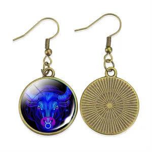 Bronze Retro 12 Constellation Drop Dangle Glass Cabochon Charm Zodiac Sign Jewelry for Women Vintage Earrings