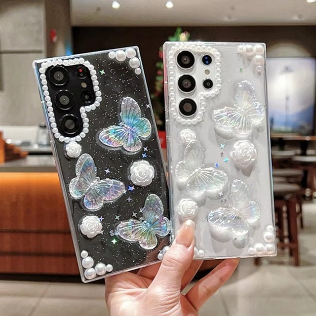 Glitter Butterfly Flower Pearl Mobile Phone case for Samsung 26 ultra S25 S24 FE Plus a Series Resin DIY Transparent Back Cover