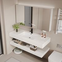 Meuble de salle de bain mural moderne et simple à double couche avec miroir LED anti-buée et lavabo en céramique sans joint