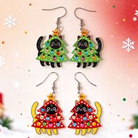 Boucles d'oreilles en acrylique double face Chat Noir Arbre de Noël, Bijoux d'oreille animaux de dessin animé mignons, Cadeau de Noël festif adorable pour femmes