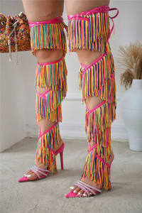 Sandalias por encima de la rodilla con borlas para mujer, zapatos con cordones y cristales puntiagudos, Sandalias de tacón alto sexis para fiesta - Product Image 3