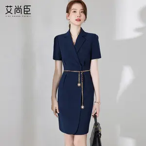 French style navy blue dridesmaids summer short sleeves belt classic dress for ladies formal