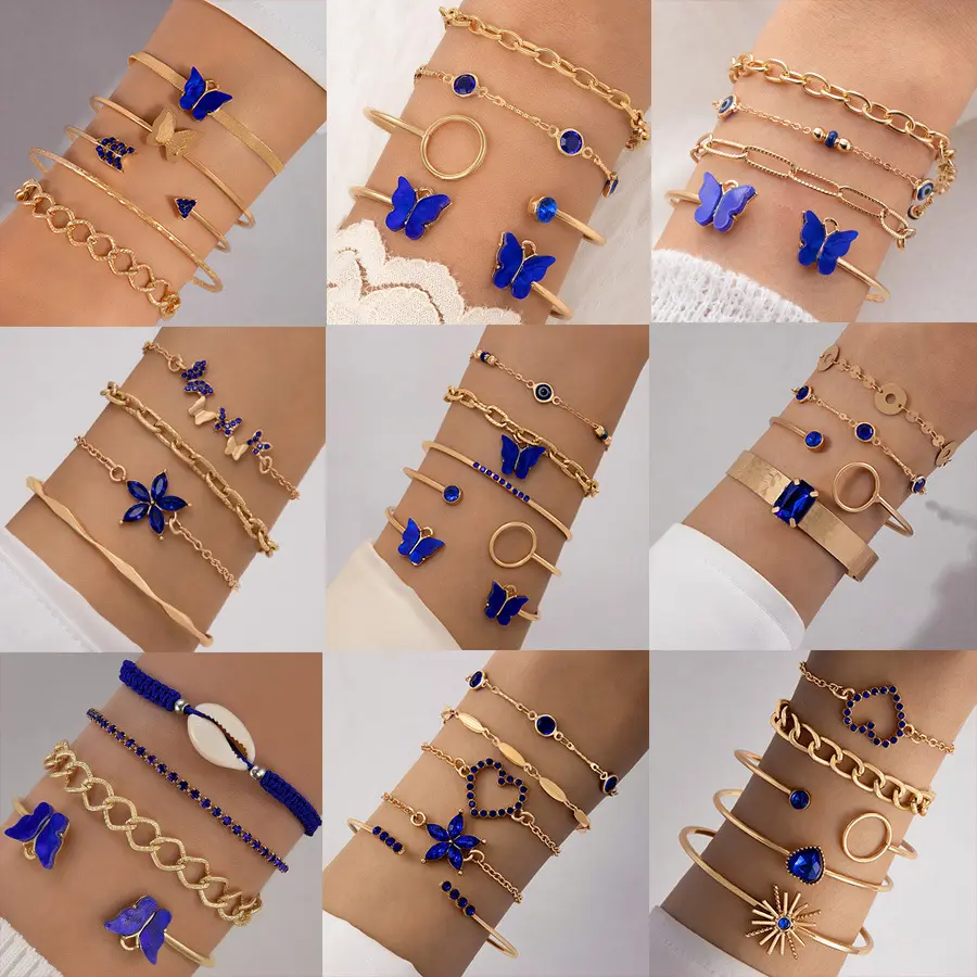 Costume en or, bracelet personnalisé, breloque de couleur bleue, mélange d'articles papillon, ensemble pour femmes, vente en gros N2304164