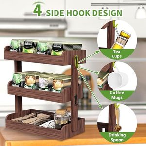 202509 mensola per tè in legno 3 piani Organizer per bustine <span class=keywords><strong>da</strong></span> tè a <span class=keywords><strong>parete</strong></span> con partizioni 4 ganci - Product Image 3