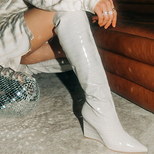 Stone Print Leather Wedge High Heel <b>Boots</b> Handmade Custom Women Shoes Winter Pointy Toe Side Zip Knee High <b>Boots</b> Size 43 - Product Image 3