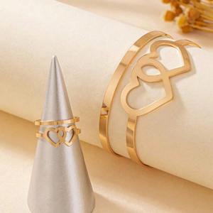 Gold double heart hollow fashion <b>bracelet</b> ring <b>set</b> simple geometric fashion hand jewelry - Product Image 4