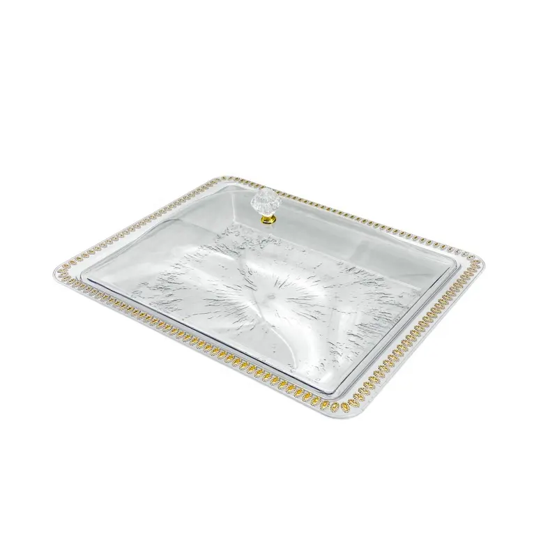 Large Luxury Rectangle Gold Edge Transparent Plastic Tray with Lid Fashionable Party Snack Tray Dish with Cover