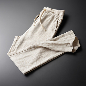 Customized <strong>Mens</strong> Casual 100% <strong>Linen</strong> <strong>Pants</strong> Slim Solid Color Lightweight Elasticated Waist Straight Leg <strong>Linen</strong> Trousers