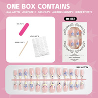 Faux ongles 3D à presser, motif fleur bleue, forme amande moyenne, French manucure nude à pois, avec strass, pour femme, idéal pour l'été