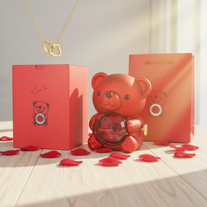 Caja de Regalo para el Día de la Madre, Regalo para Mamá, Mujer - Caja de Joyería Moderna Giratoria de Primera Calidad, Collar con Rosa Eterna, Osito de Peluche - Product Image 1