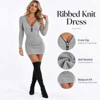 Robe moulante tricotée à manches longues et taille cintrée avec fermeture éclair, style mode personnalisé pour femme, idéale printemps-automne