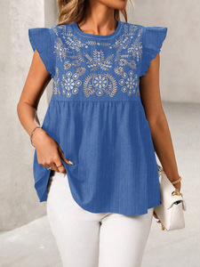 Nuova camicia da <span class=keywords><strong>donna</strong></span> in stile etnico retrò ricamata con spalle regolari e maniche svolazzanti un Pullover corto Casual allentato - Product Image 6