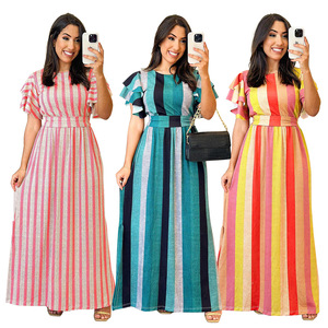 فساتين نسائية عصرية للمكتب ربطة عنق ضيقة غير رسمية على شكل خط مكشكشة بأكمام قصيرة مقلم مطبوع فساتين طويلة طويلة طويلة للنساء - Product Image 1