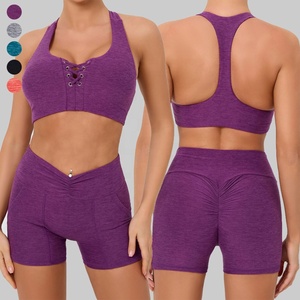 Ensembles d'entraînement pour femmes Soutien-gorge de <span class=keywords><strong>sport</strong></span> pour le dos nageur et short de yoga froncé à la taille en V avec poches Vêtements actifs Gym Fitness Set Yoga Outfits - Product Image 1